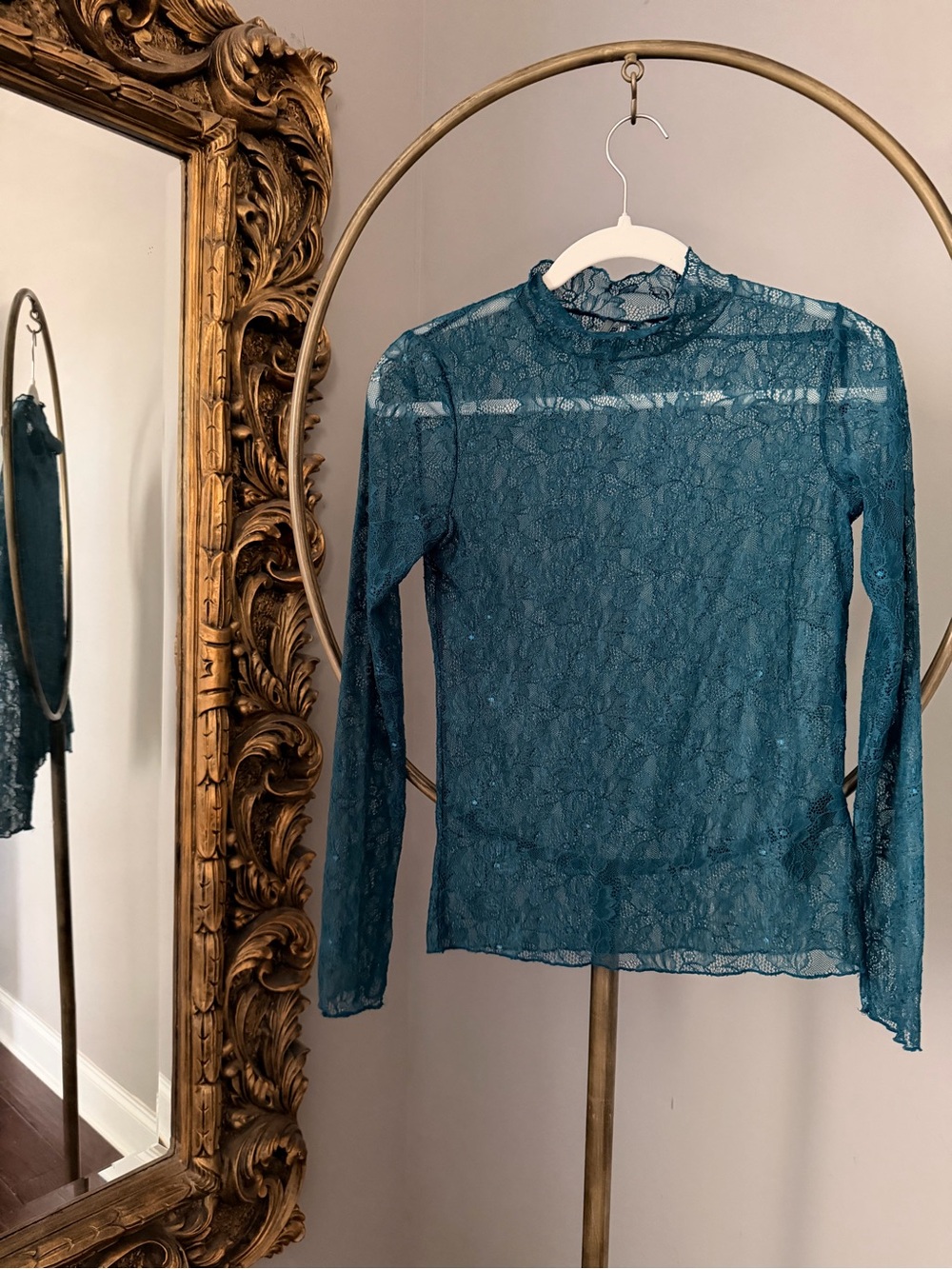 Anthropologie Teal Lace Long-Sleeve Mock Neck Top - Women